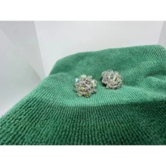 Vintage Clear Acrylic Faceted Beaded Choker Necklace 17" Clip On Earrings German - Picture 8 of 13